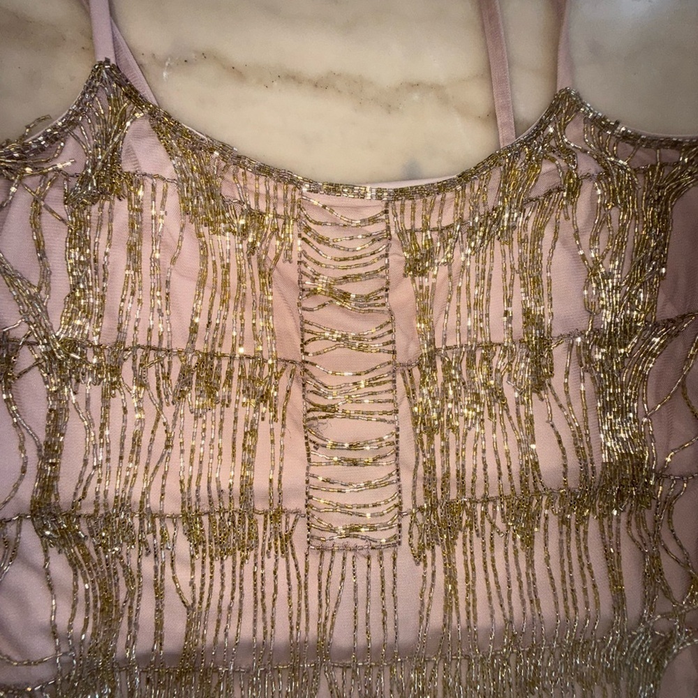 NWT Adrianna Papell Beaded Fringe Mesh Slip dress rose gold size 14 - Picture 5 of 14